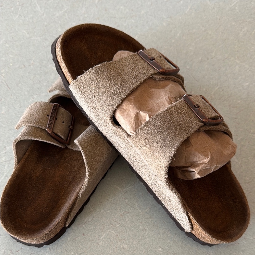 Tan Suede Double Strap Sandals